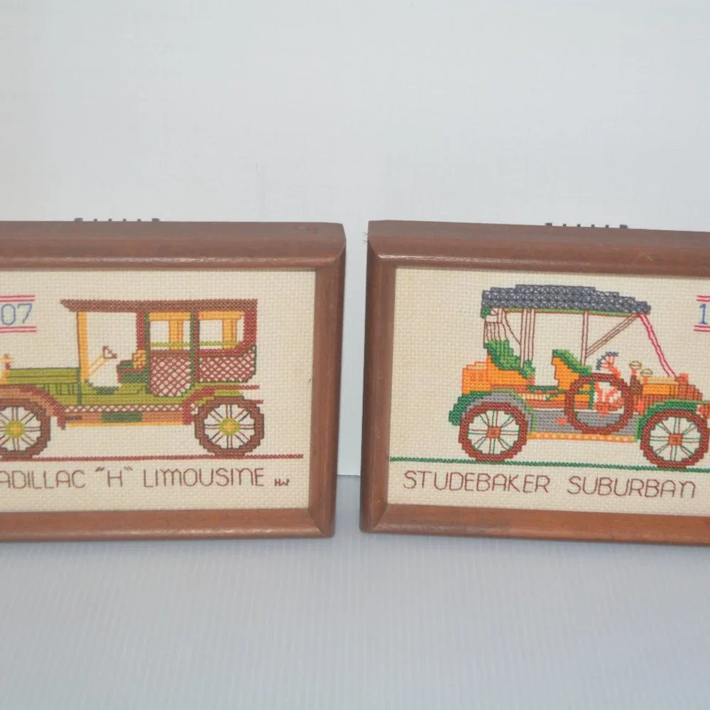 Bucilla Crewel Embroidery Finished Framed Studebaker Cadillac Antique Cars VTG S